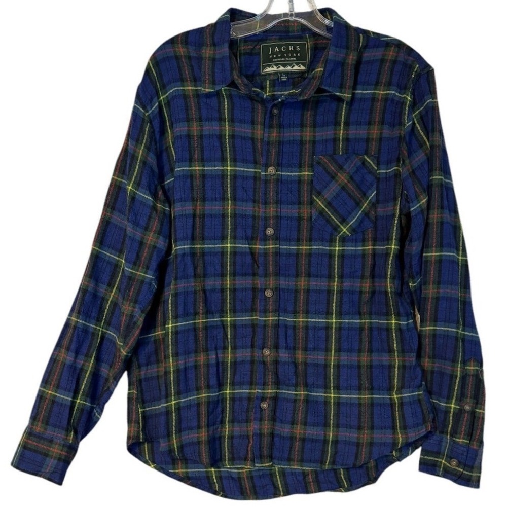 Jachs‎ New York Men's Recycled Flannel Blue/Green Plaid Shirt Size L Cabincore